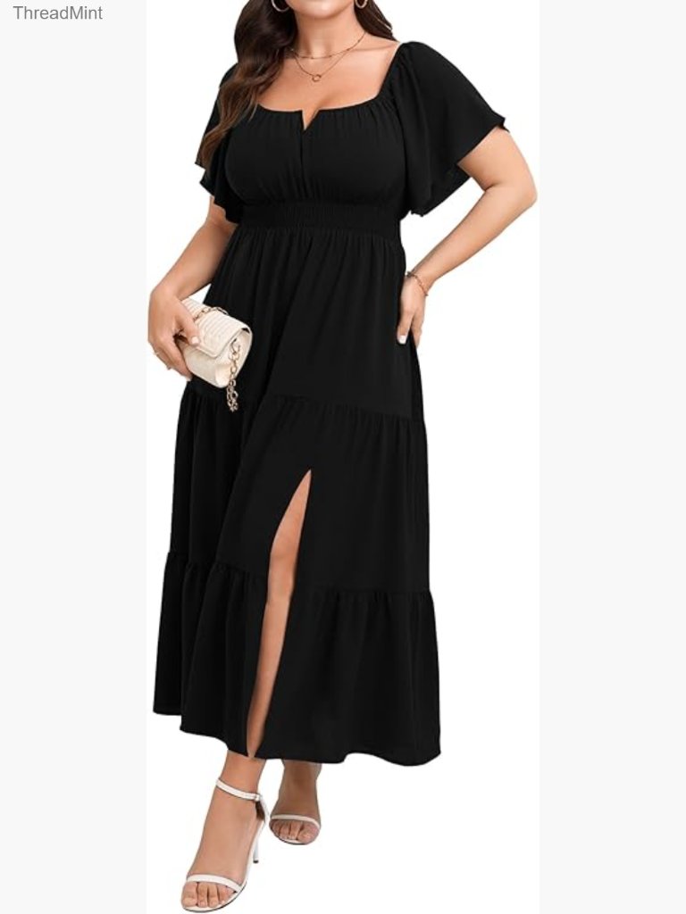 Plus Size Maxi Dress Formal Short Sleeve Square Neck Smocked Side Split